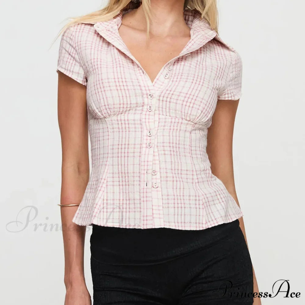 Y2K Tartan Button Down Short Sleeve Blouse