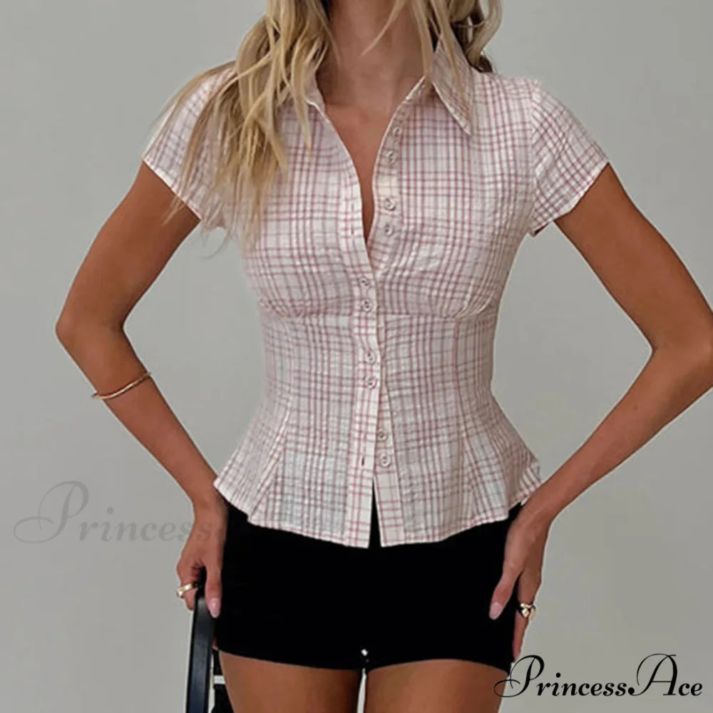 Y2K Tartan Button Down Short Sleeve Blouse