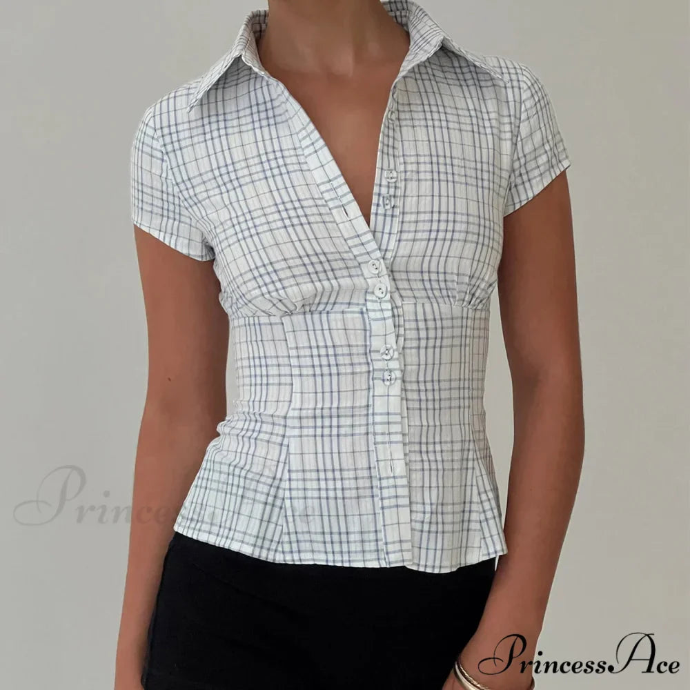 Y2K Tartan Button Down Short Sleeve Blouse