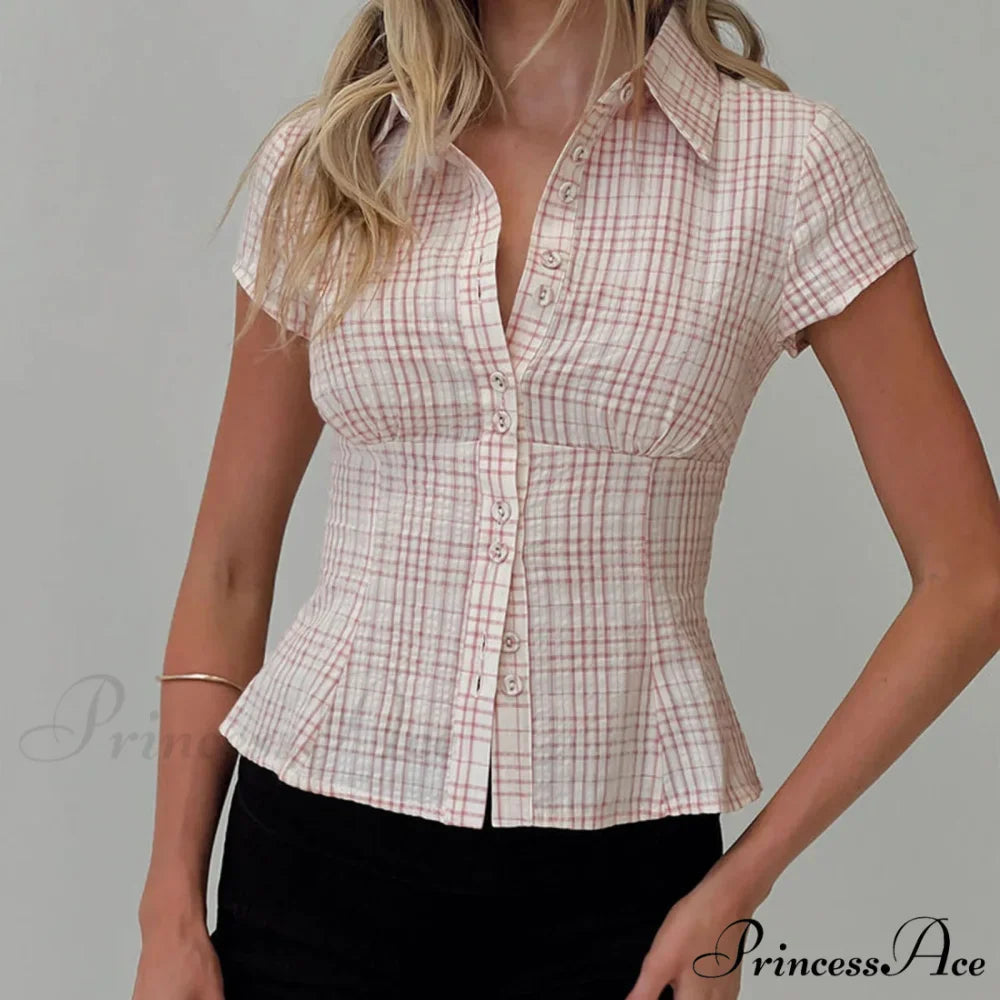Y2K Tartan Button Down Short Sleeve Blouse