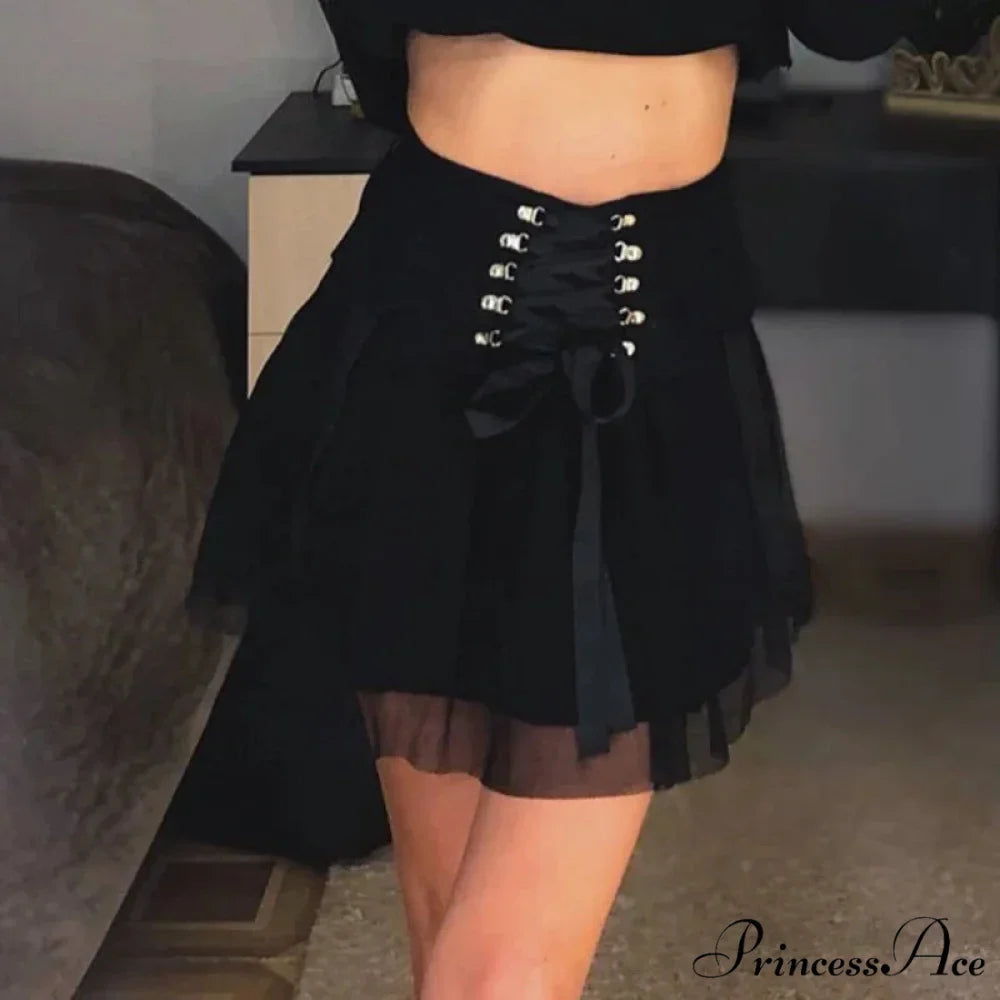 Y2k Vintage Dark Straps Female Style Ladies Harajuku Mesh Summer Streetwear Black Sexy High Waist A-Line Skirt