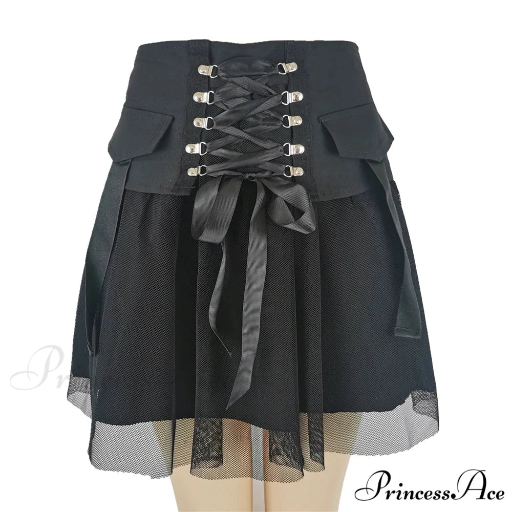 Y2k Vintage Dark Straps Female Style Ladies Harajuku Mesh Summer Streetwear Black Sexy High Waist A-Line Skirt