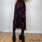 Y2K Vintage Flowered Printed High Waist Flounced Women's Long Skirt
