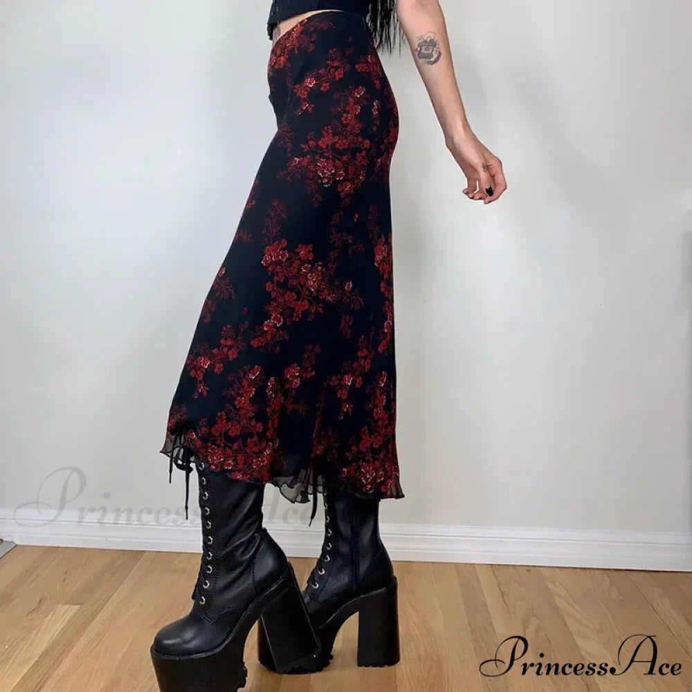 Y2K Vintage Flowered Printed High Waist Flounced Women's Long Skirt