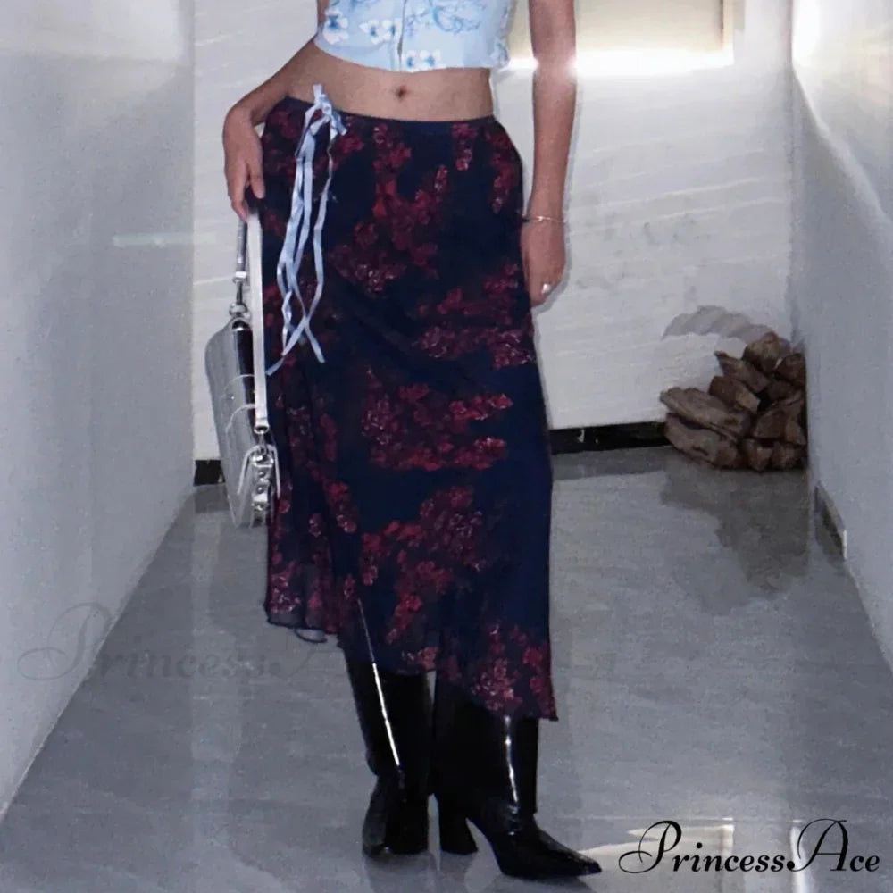 Y2K Vintage Flowered Printed High Waist Flounced Women's Long Skirt