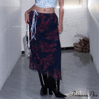 Y2K Vintage Flowered Printed High Waist Flounced Women's Long Skirt