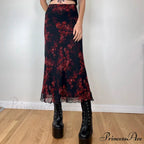 Y2K Vintage Flowered Printed High Waist Flounced Women's Long Skirt