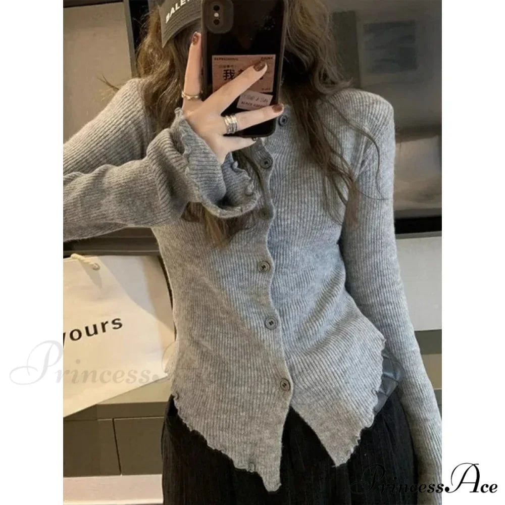 Y2k Vintage Grey Harajuku Long Sleeve Slim Casual Cardigan