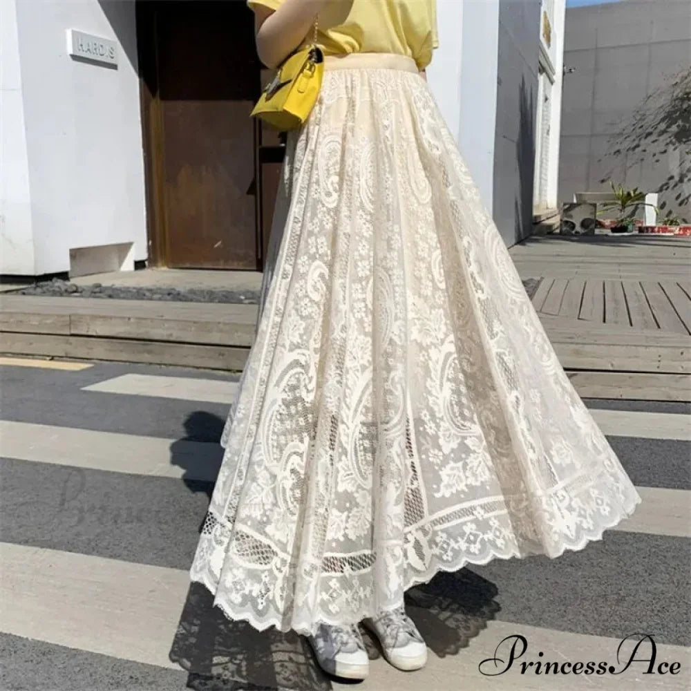 Y2K Women's Lace Crochet Parasol Maxi Skirt Bohemian Tall Waist