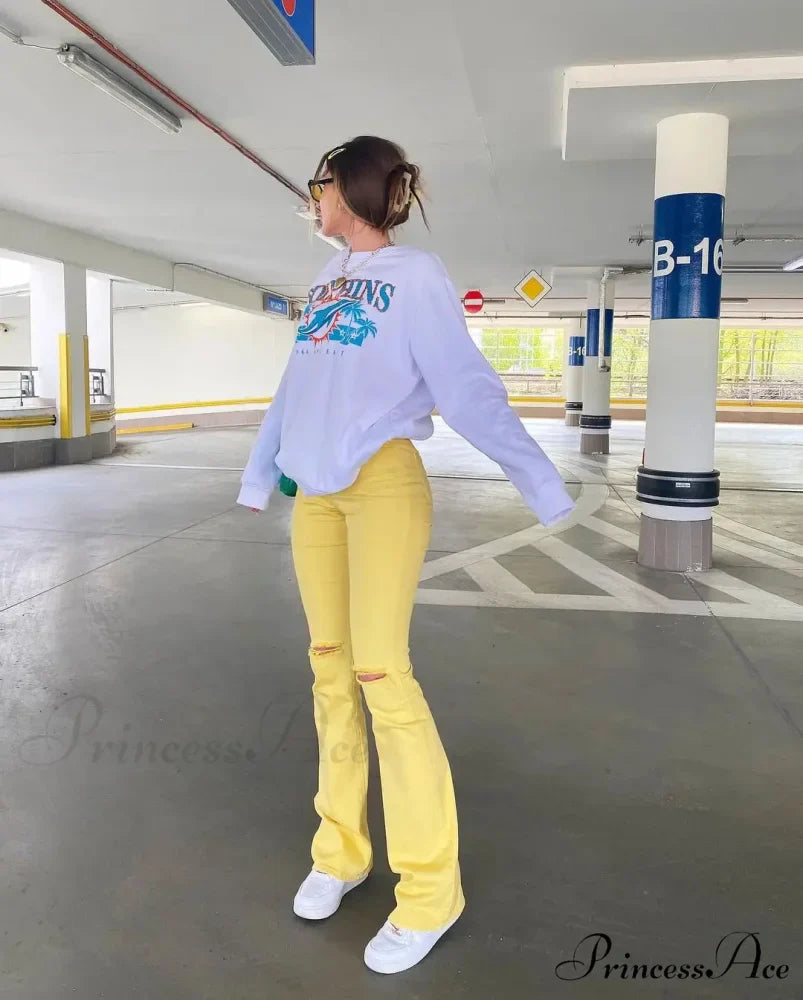 Yellow Ripped Women Flare Lady Stretch Vintage High Waist Denim Pants Lady Y2K Punk Streetwear Slim Bell Bottom Trousers Jean