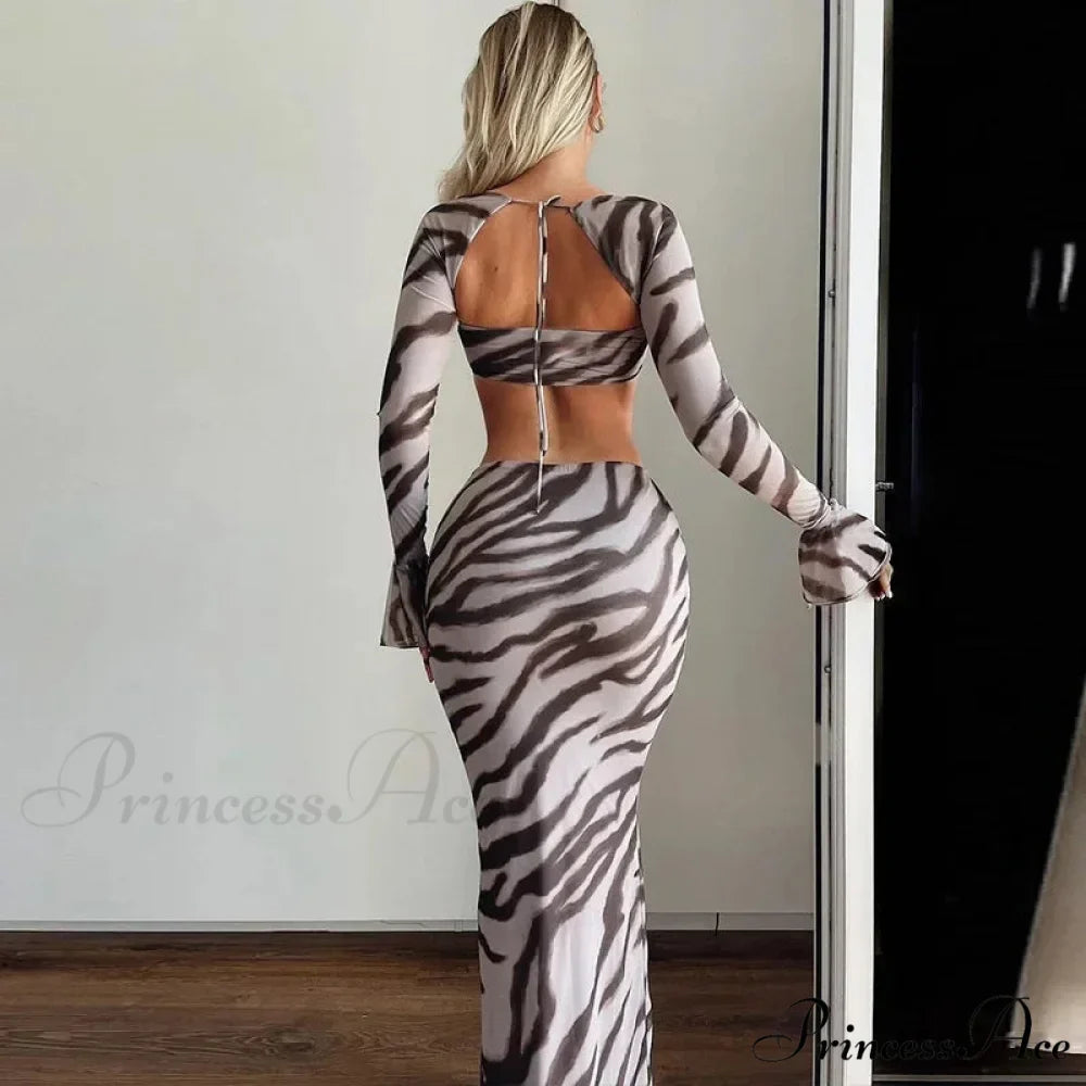 Zebra Print Y2K Skirt Two Piece Set Long Sleeve Backless Crop Top and Skirt Suit Maxi Dress