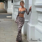 Zebra Print Y2K Skirt Two Piece Set Long Sleeve Backless Crop Top and Skirt Suit Maxi Dress