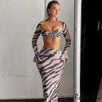 Zebra Print Y2K Skirt Two Piece Set Long Sleeve Backless Crop Top and Skirt Suit Maxi Dress