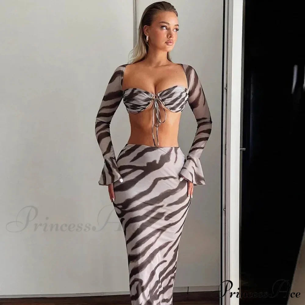 Zebra Print Y2K Skirt Two Piece Set Long Sleeve Backless Crop Top and Skirt Suit Maxi Dress