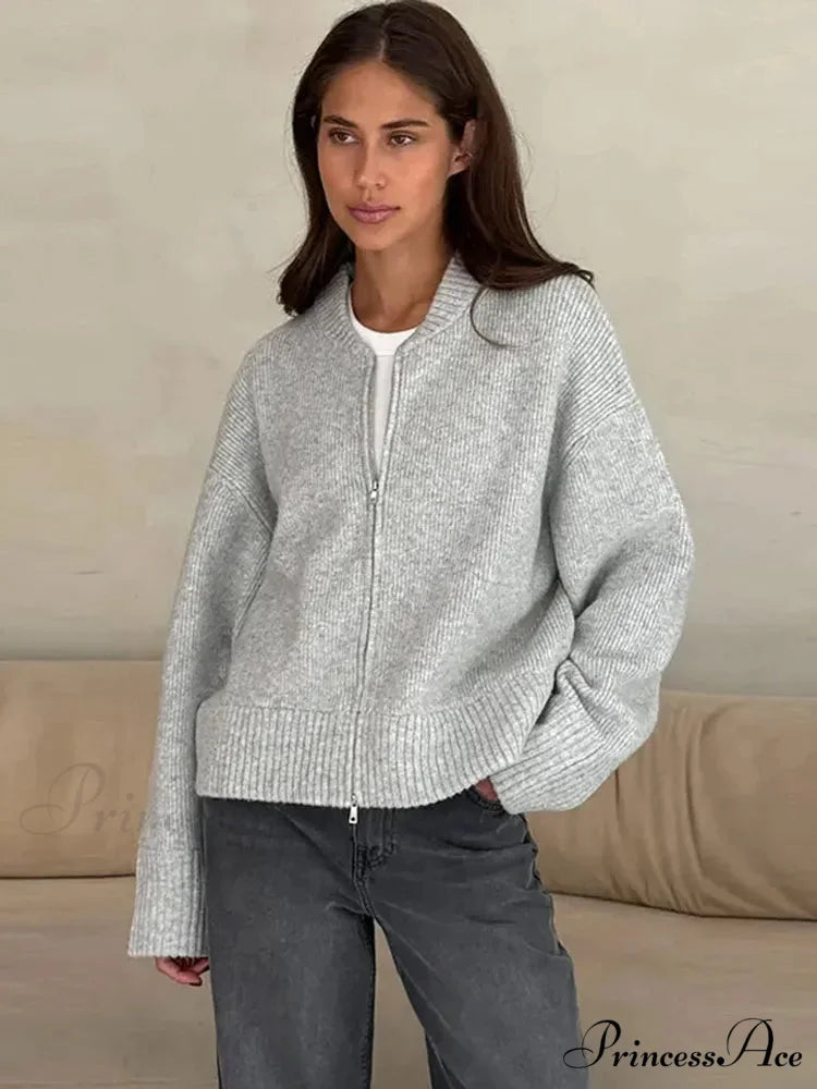 Zip Fastener Circular Neck Baggy Stylish Cardigan