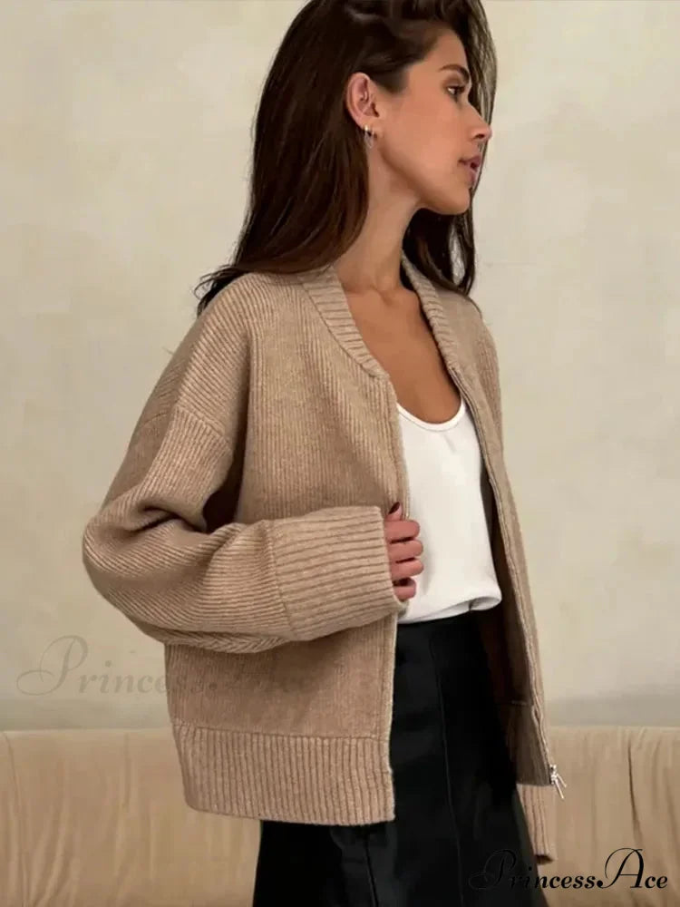 Zip Fastener Circular Neck Baggy Stylish Cardigan