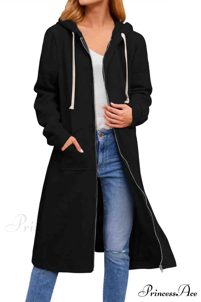 Zip Up Hooded Long Drawstring Cardigan