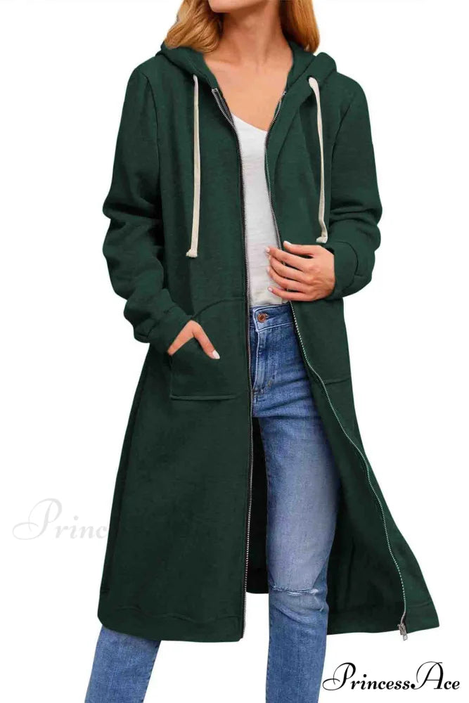 Zip Up Hooded Long Drawstring Cardigan