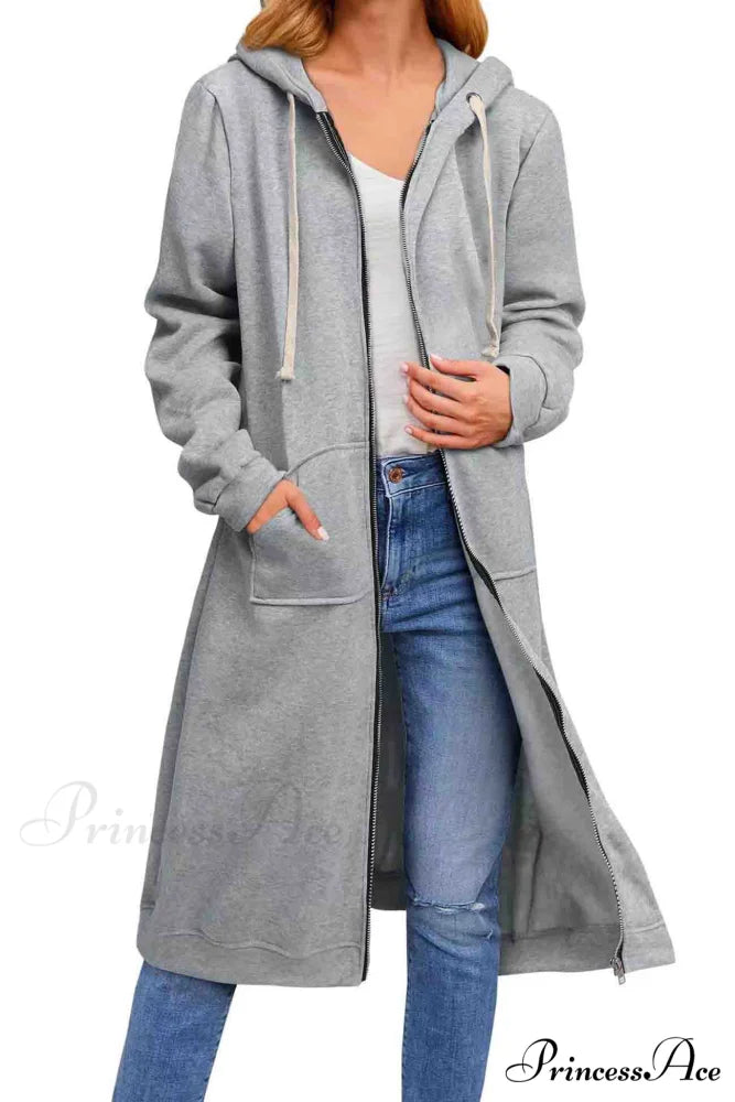 Zip Up Hooded Long Drawstring Cardigan