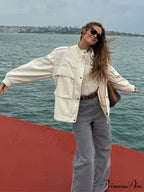 Zippered Spliced Motorcycle Fashionable Solid Stand Neck Long Sleeve Short Autumn Coat